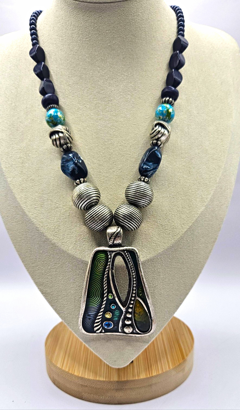 Abstract Mixed Media Statement Pendant Necklace Black, Teal, Green & Silver Tone